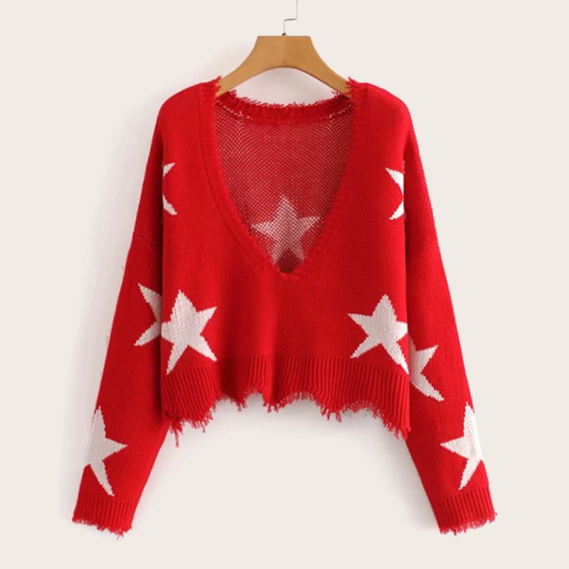 

Star Print Frayed Trim Seam Wave Hem New Year Sweater, Red