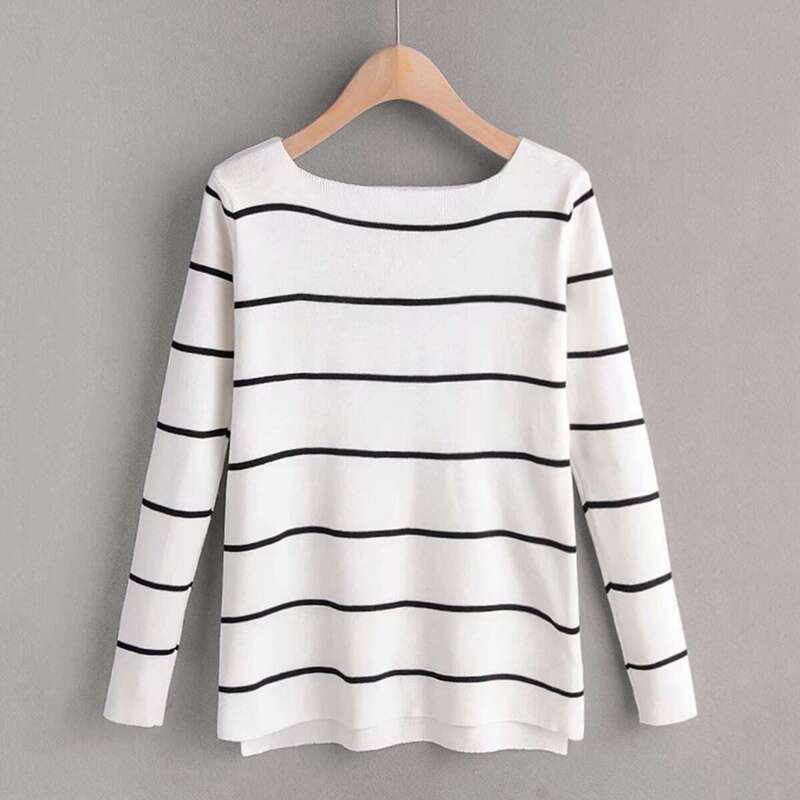 

Striped Print High Low Sweater, White