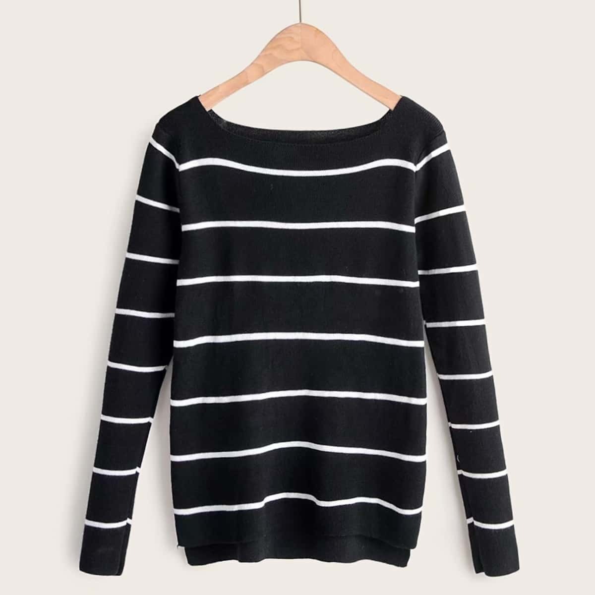 

Striped Print High Low Sweater, Black