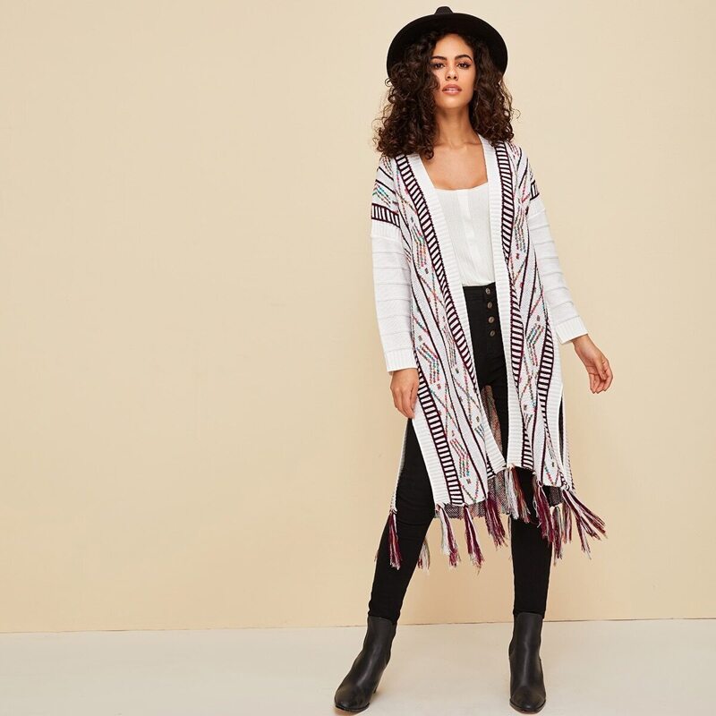 

Fringe Detail Split Side Geo Cardigan, Multicolor