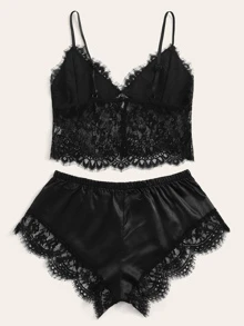 Eyelash Floral Lace Lingerie Set - Black - View 2