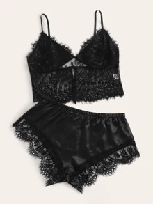 Eyelash Floral Lace Lingerie Set - Black - View 4