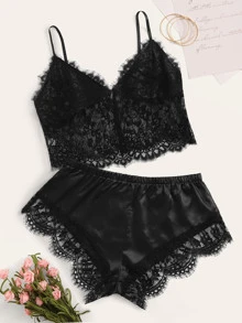 Eyelash Floral Lace Lingerie Set - Black - View 3