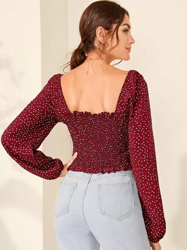 SheIn Womens Off Shoulder Long Sleeve Polka Dots Frill Shirred Crop Blouse Top Black Small