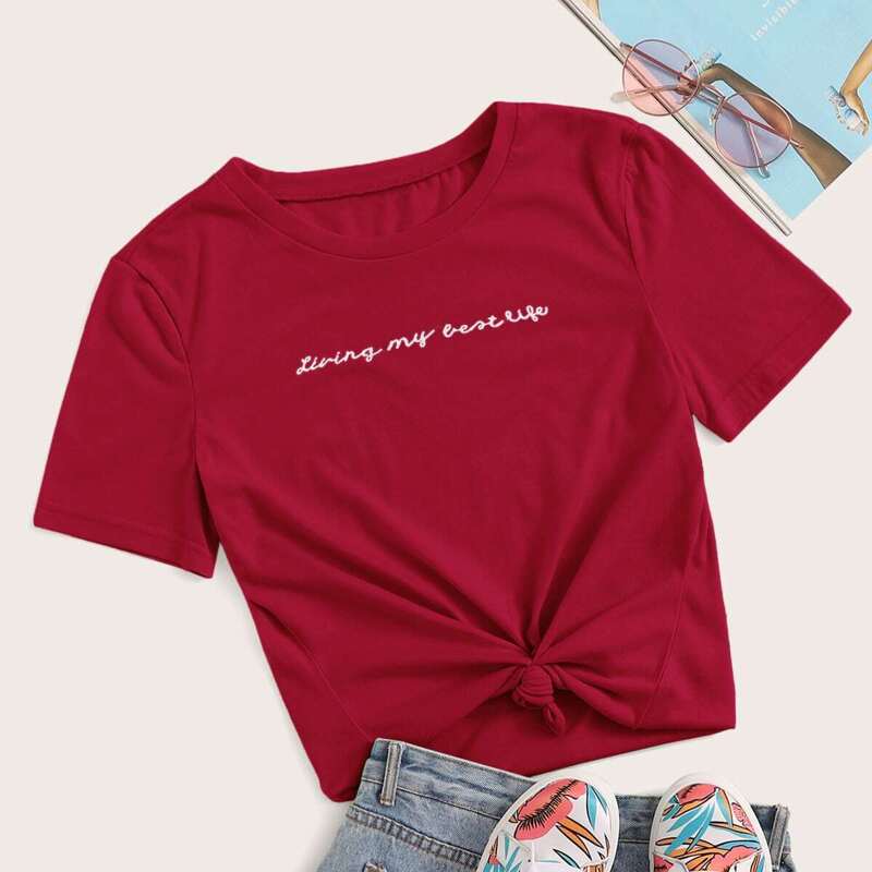 

Slogan Embroidery Short Sleeve Top, Burgundy