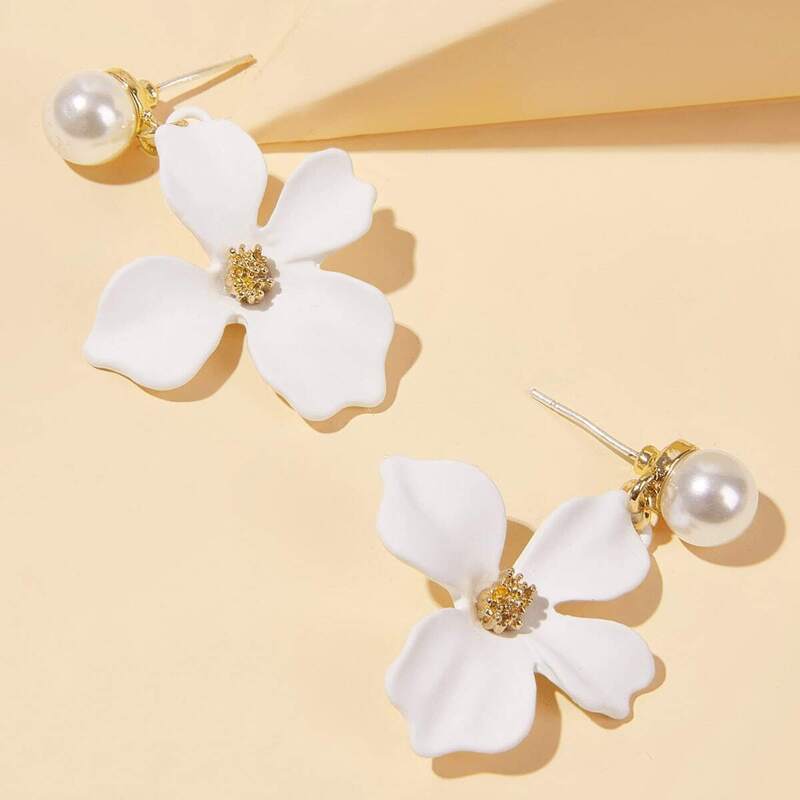 

Faux Pearl Decor Flower Drop Earrings 1pair, White