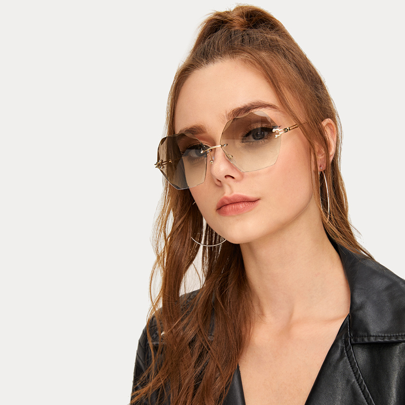 

Rimless Flat Lens Sunglasses With Case, Beige