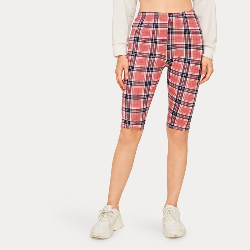 

Tartan Elastic Waist Biker Shorts, Pink