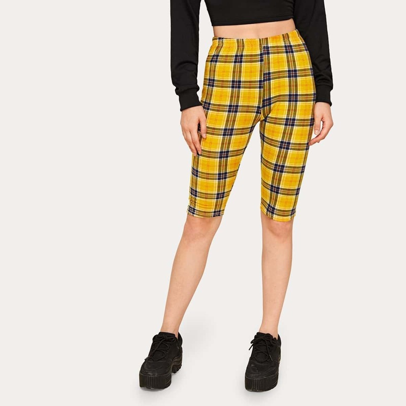 

Tartan Elastic Waist Biker Shorts, Yellow