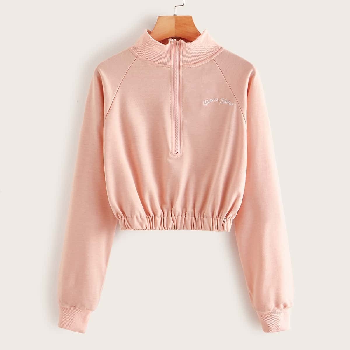 

Letter Embroidery Half Zip Crop Sweatshirt, Pink pastel