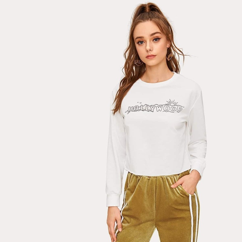 

Letter Print Round Neck Sweatshirt, White