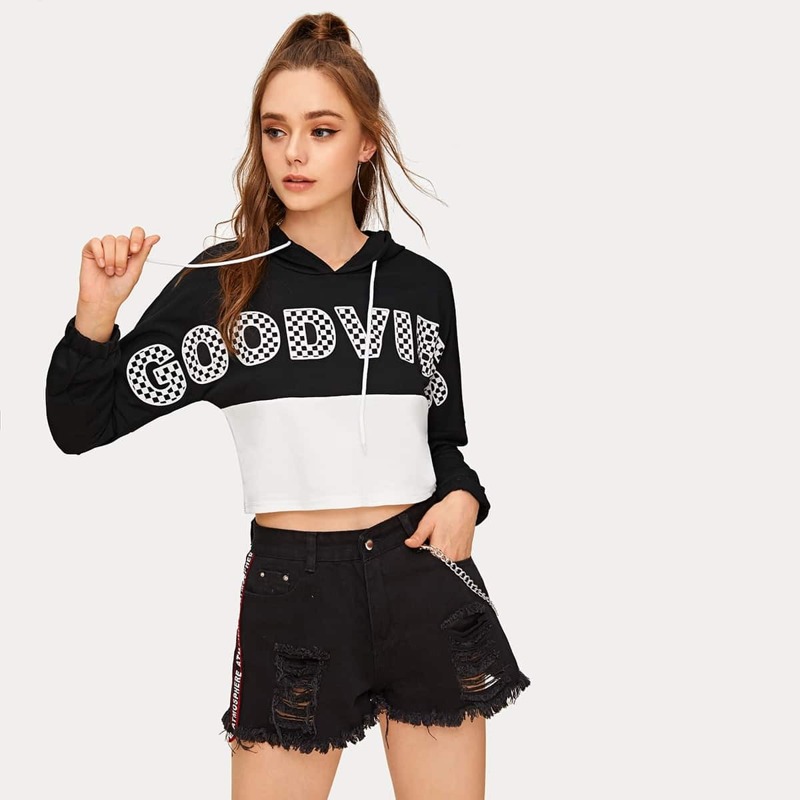 

Contrast Panel Letter Print Drawstring Hoodie, Black and white