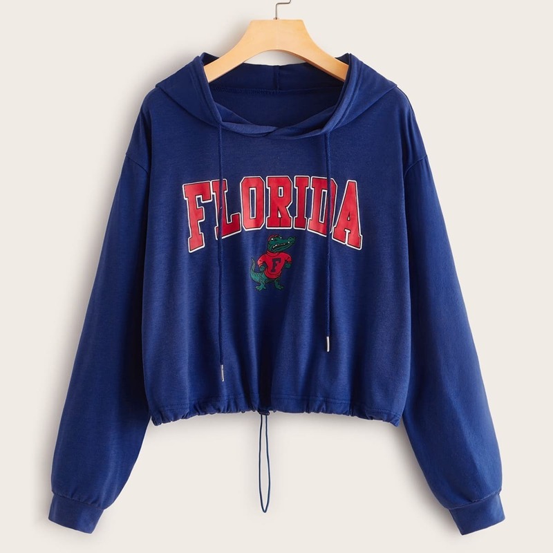 

Letter And Cartoon Print Drawstring Hoodie, Blue