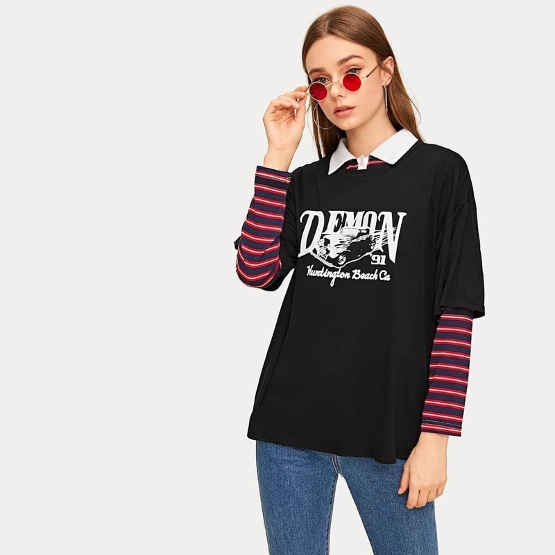 

Letter And Car Print Short Sleeve Tee, Black
