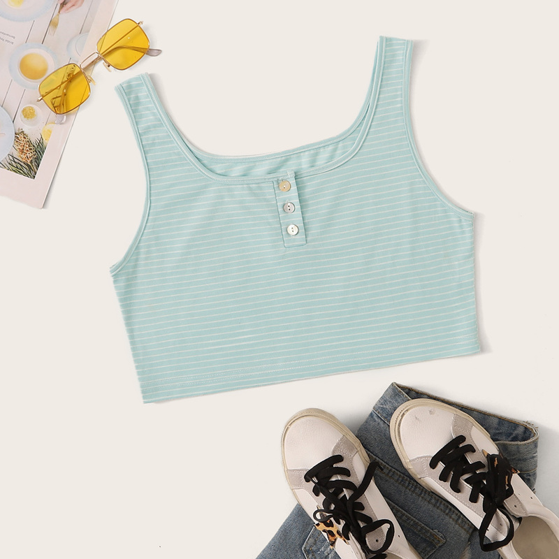 

Striped Button Detail Crop Tank Top, Green pastel