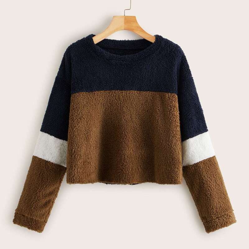 

Contrast Panel Drop Shoulder Teddy Sweatshirt, Multicolor