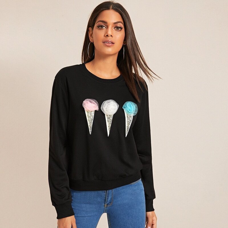 

Mesh Appliques Round Neck Sweatshirt, Black