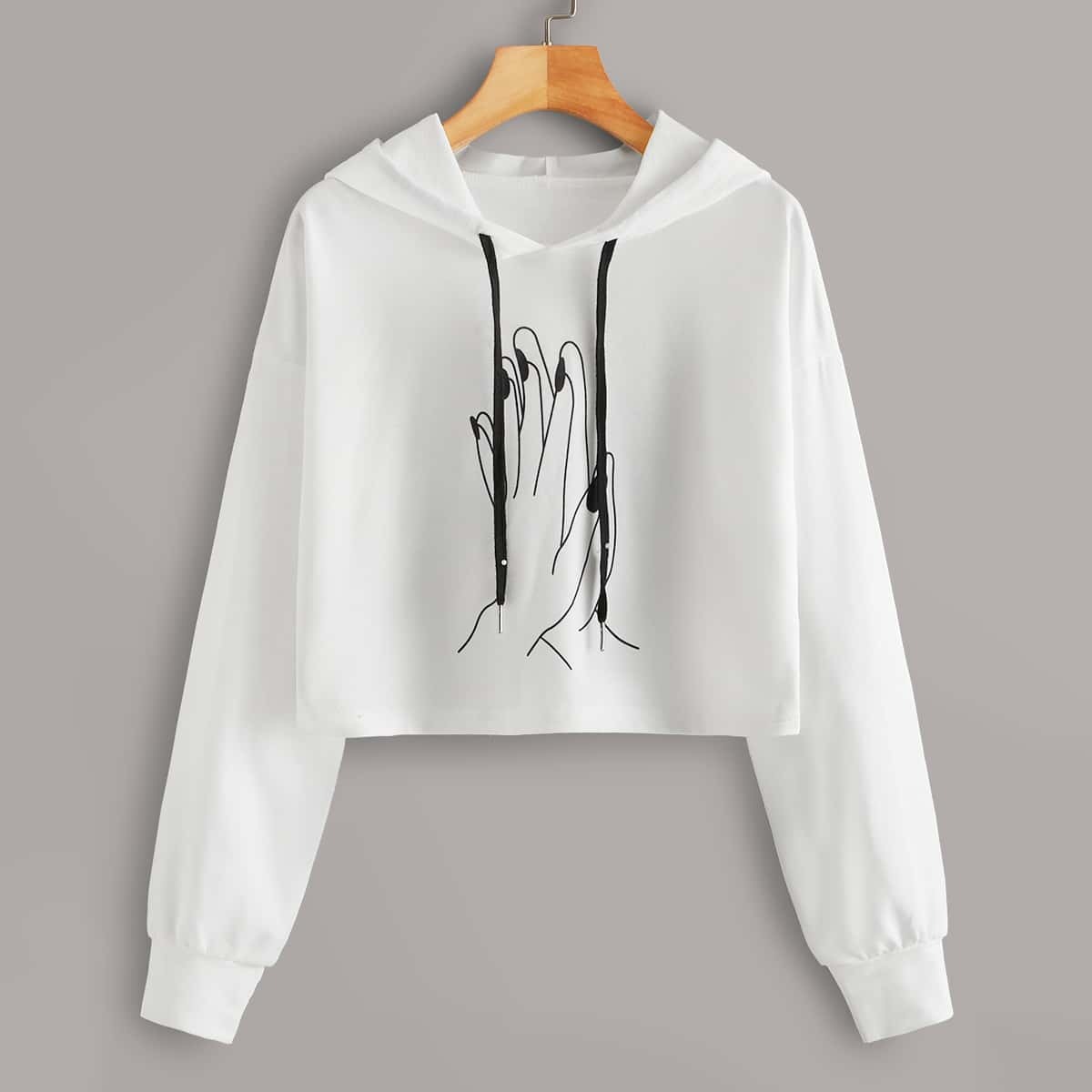 

Hand Print Drawstring Crop Hoodie, White