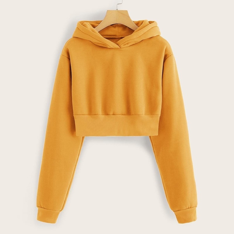 

Solid Drop Shoulder Crop Hooded Sweatshirt, Yellow