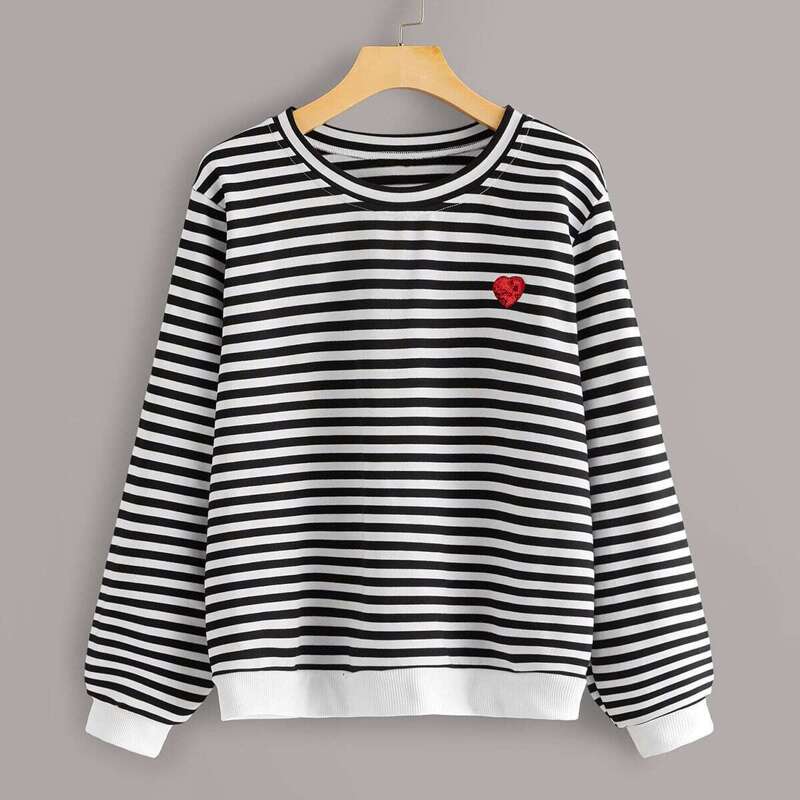 

Round Neck Contrast Sequin Striped Sweatshirt, Black and white