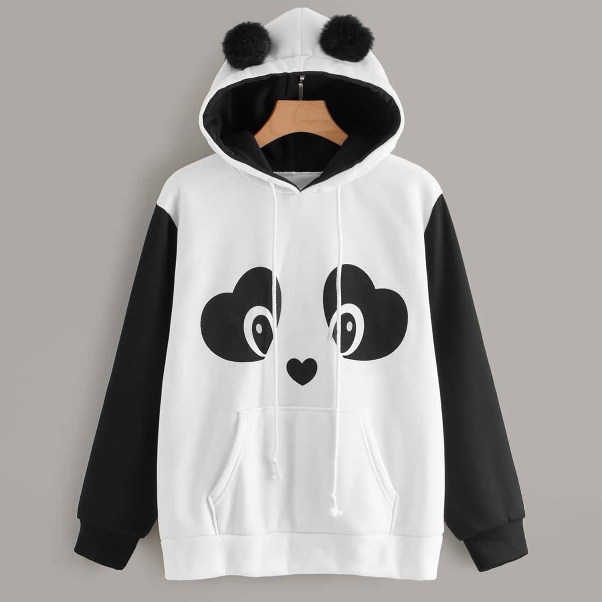 

Plus Panda Graphic Hoodie With Faux Fur Ball, Black and white