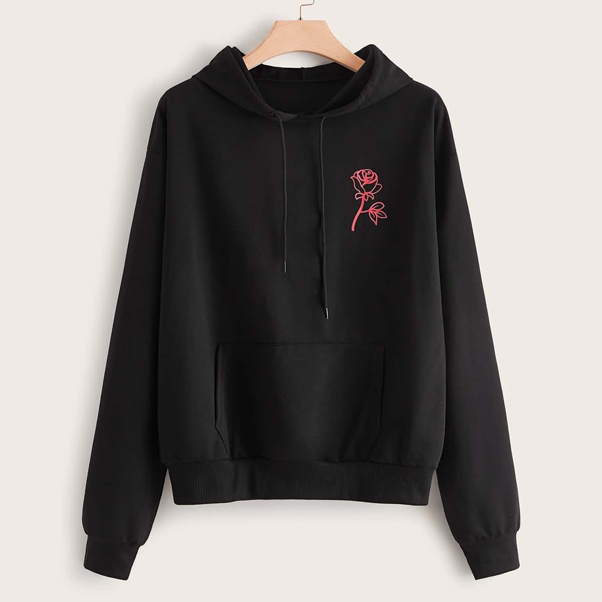 

Plus Rose Print Pocket Front Hoodie, Black