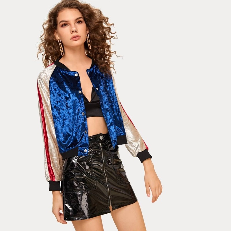 

Color-block Single-breasted Velvet Jacket, Multicolor