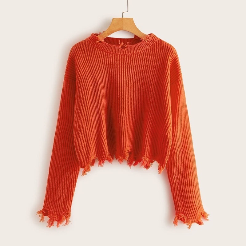 

Solid Drop Shoulder Raw Hem Sweater, Orange bright