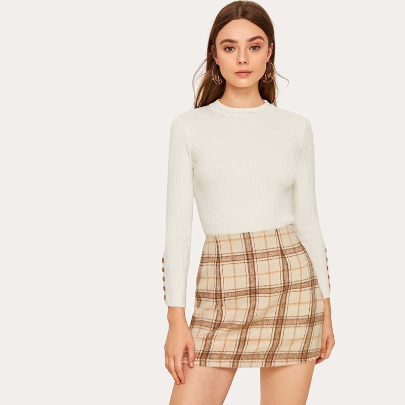 

Button Cuff Ribbed Sweater, White