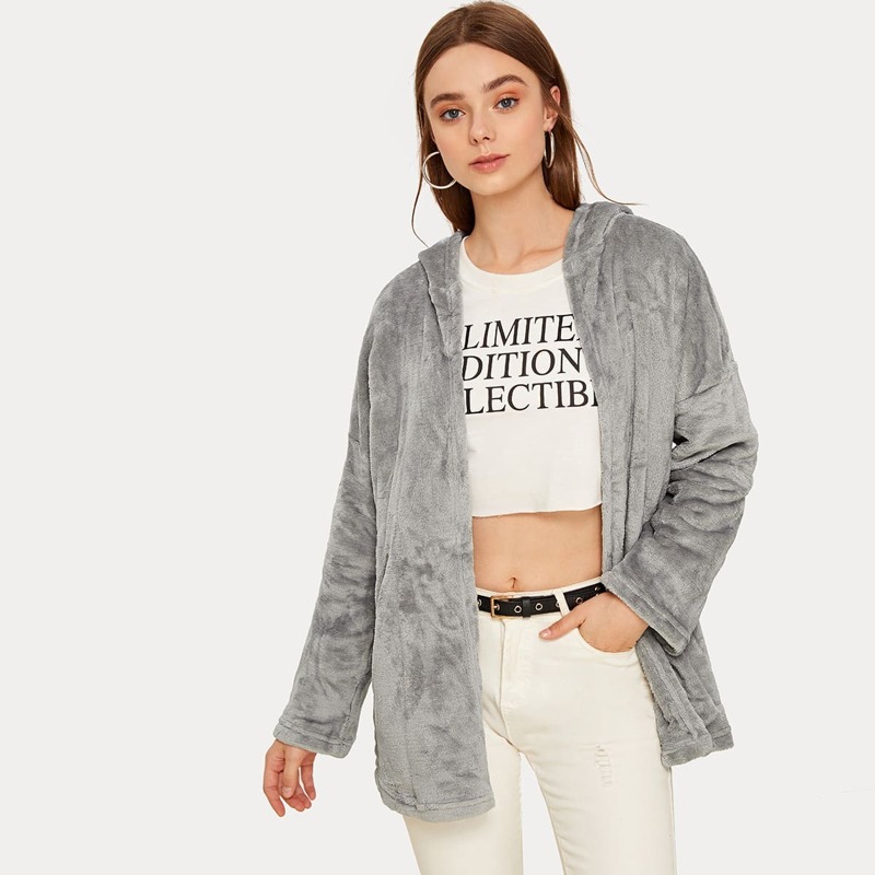 

Open Front Hooded Faux Fur Coat, Grey