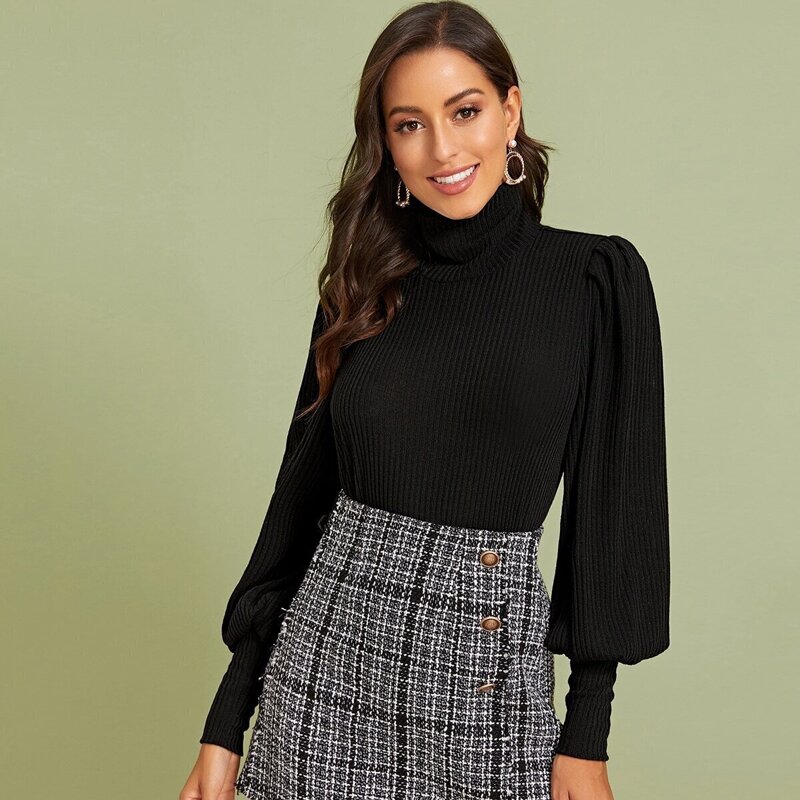

High Neck Leg-of-mutton Sleeve Rib-knit Top, Black