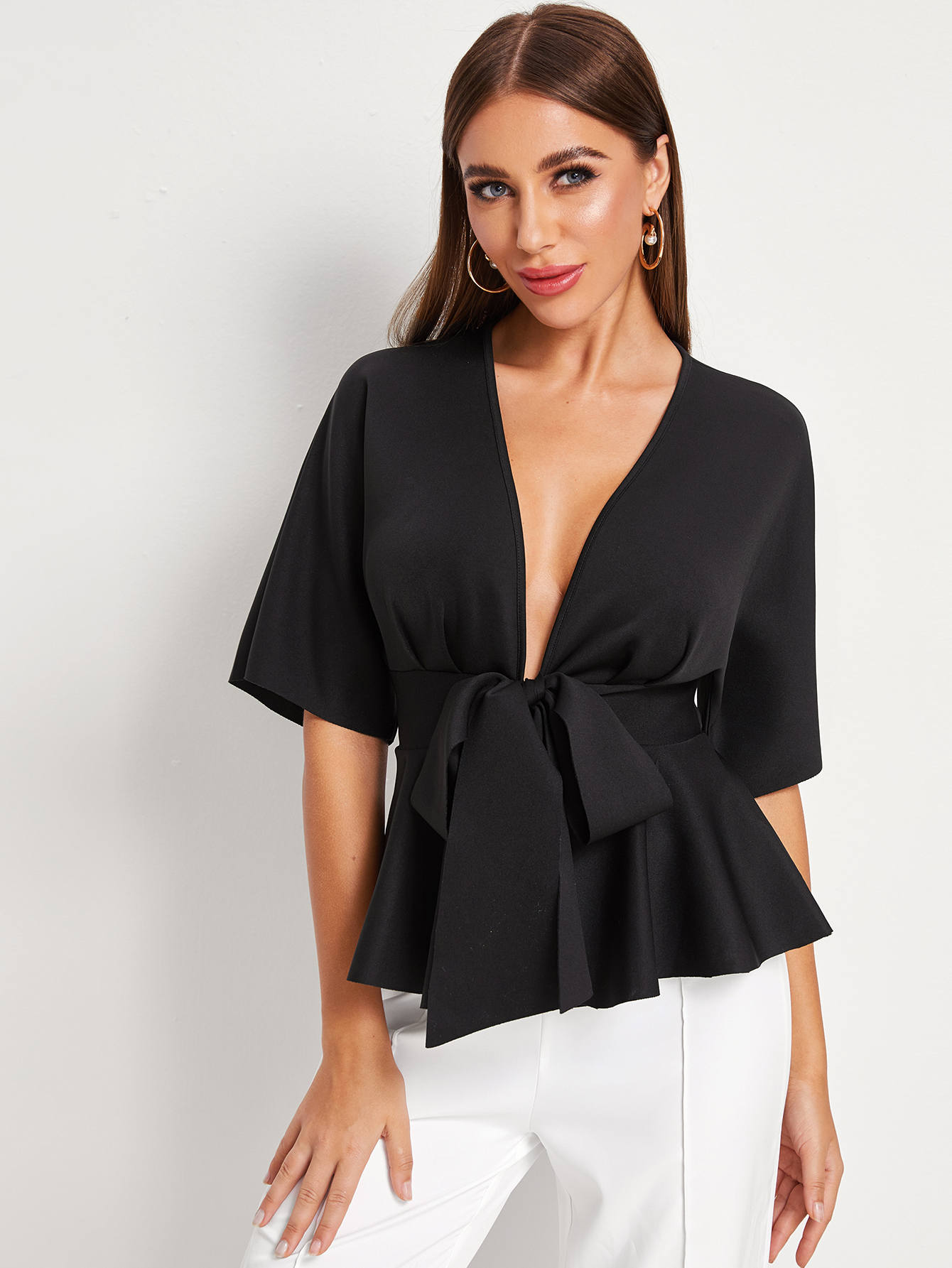 Plunging Tie Front Peplum Top thumbnail