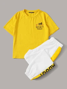 SHEIN 標語和動物圖案上衣和褲子套裝 - 彩色 - 查看 3