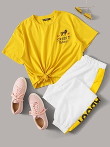 SHEIN 標語和動物圖案上衣和褲子套裝 - 彩色 - 查看 1