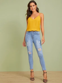 SHEIN Privé Double V-neck Solid Cami Top - Mustard Yellow - View 3