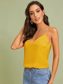 SHEIN Privé Double V-neck Solid Cami Top - Mustard Yellow - View 4