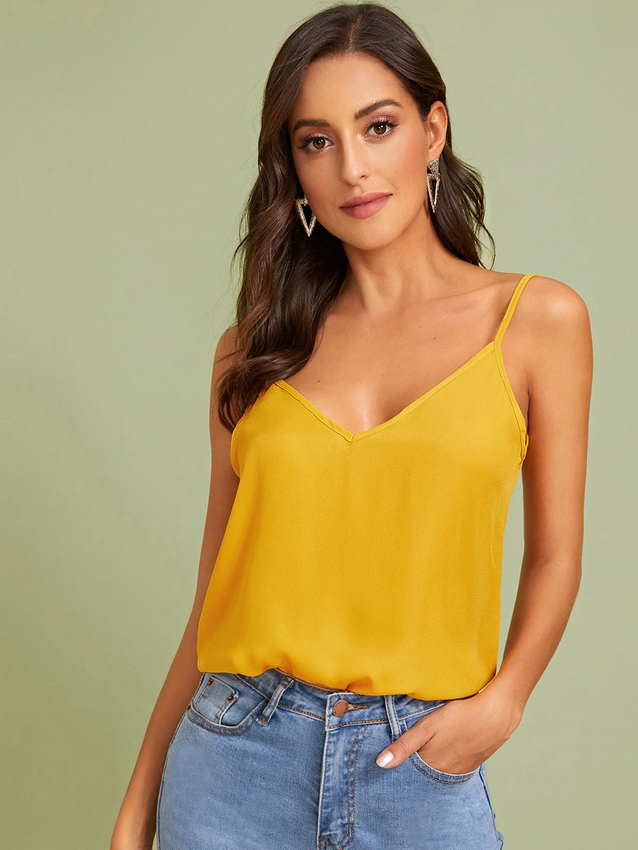 SHEIN Privé Double V-neck Solid Cami Top - Mustard Yellow - View 1