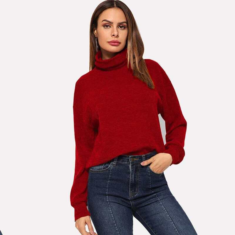 

High Neck Solid Pullover, Red