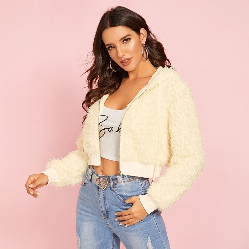 

Zip Up Hooded Teddy Jacket, Beige