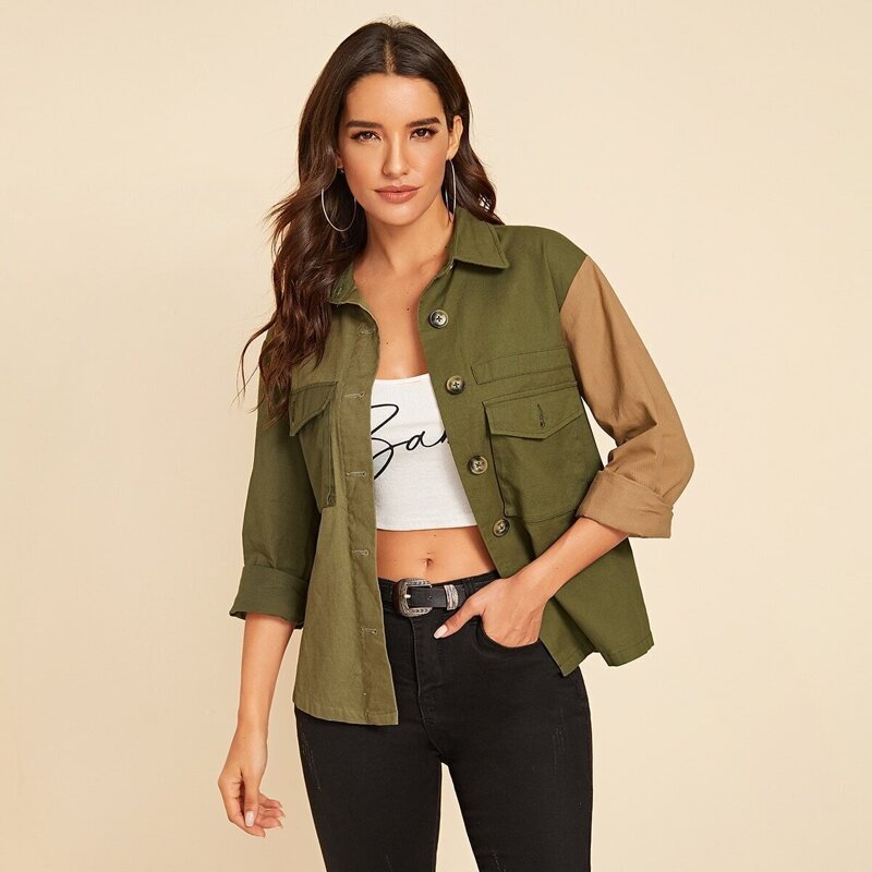 

Two Tone Flap Pocket Front Button Up Jacket, Army green
