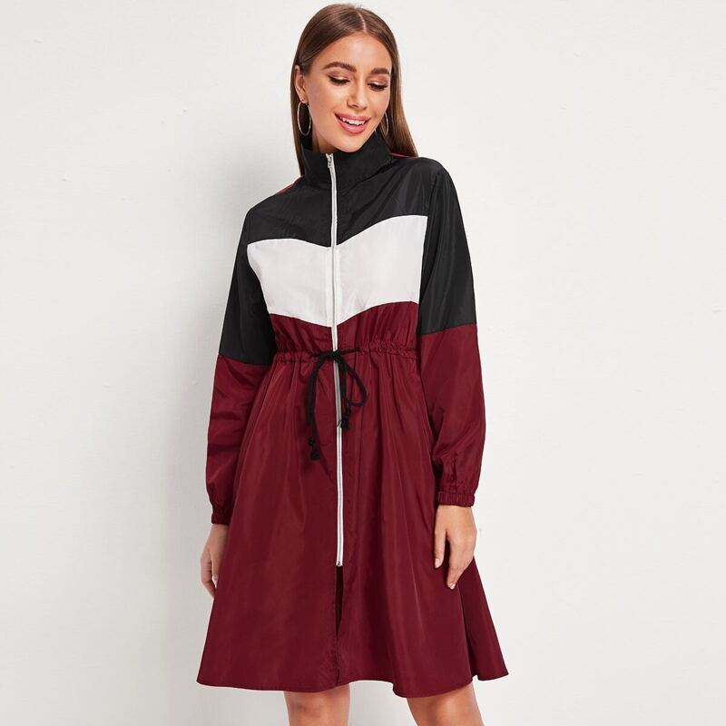 

Drawstring Waist Color Block Zip Up Jacket, Burgundy