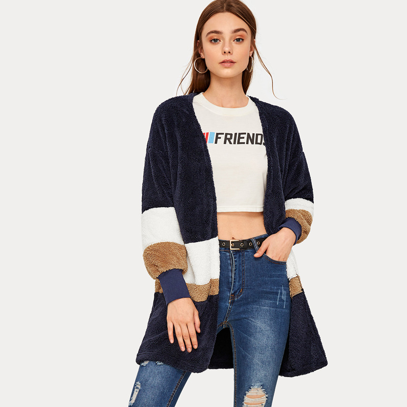 

Open Front Color Block Teddy Coat, Multicolor