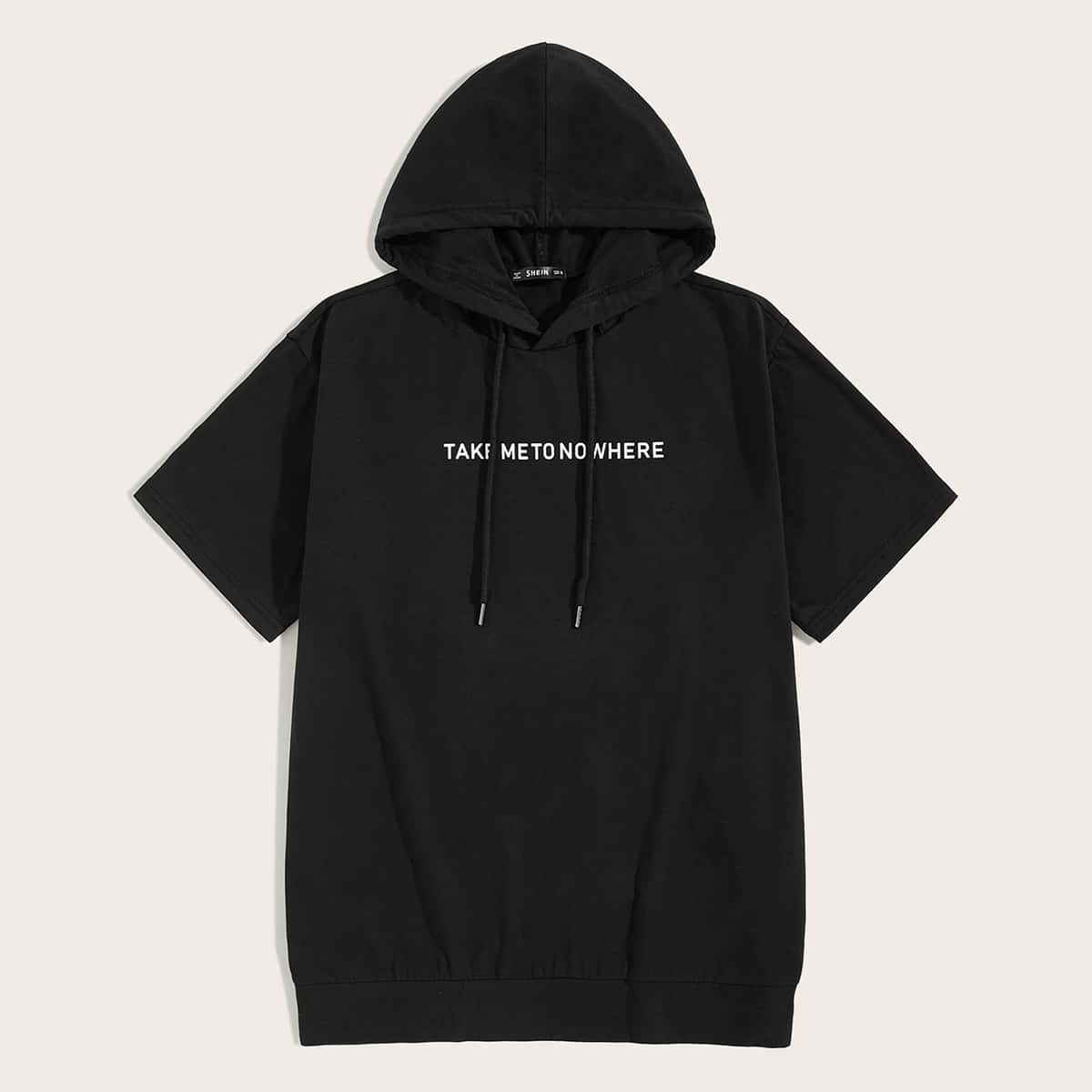 

Guys Slogan Print Drawstring Hoodie, Black