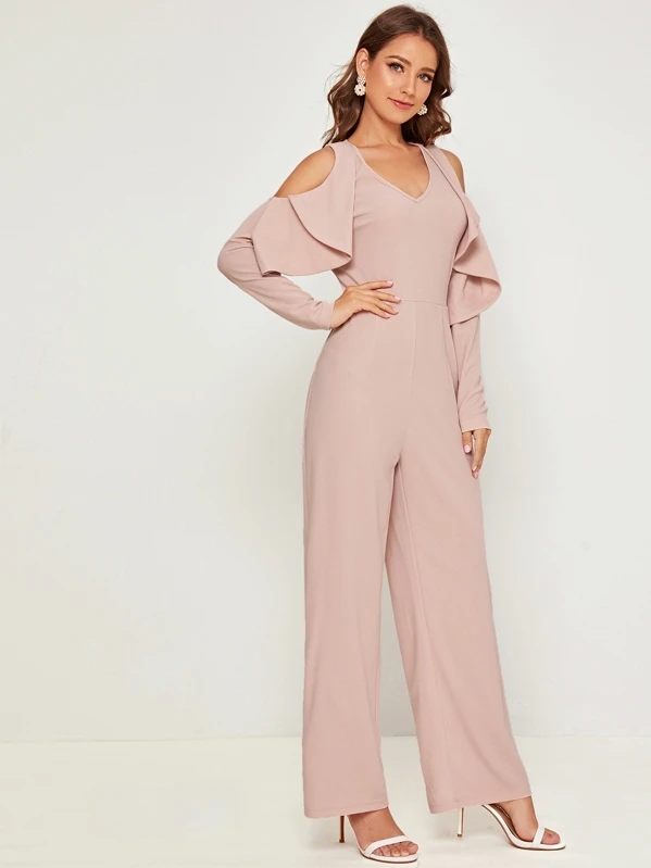 SheIn Women/'s Sleeveless Shirred Ruffle Trim Solid Overall Jumpsuit Romper