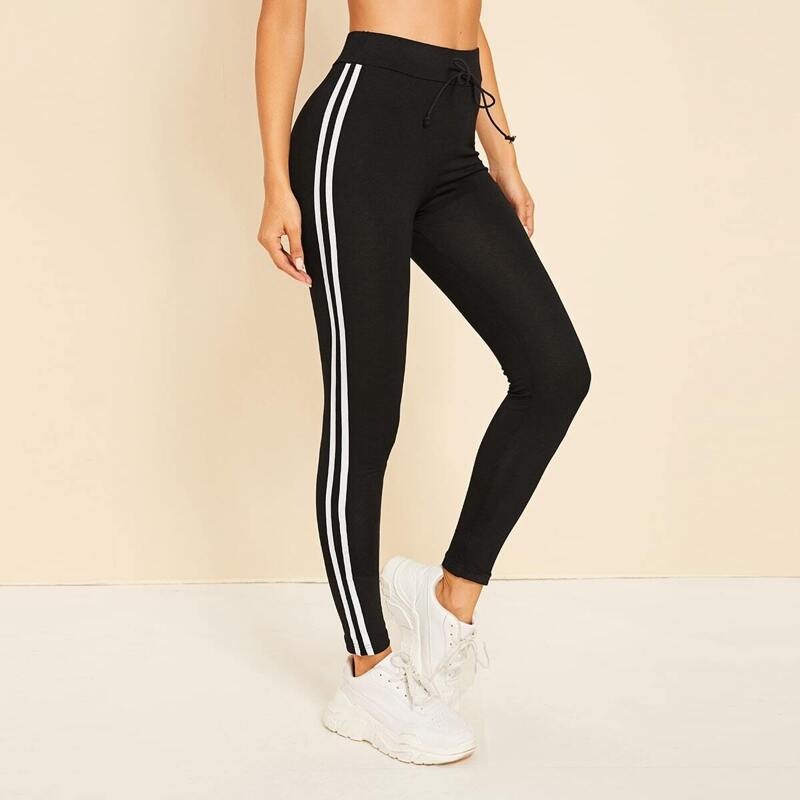 

High Waist Striped Tape Drawstring Leggings, Black