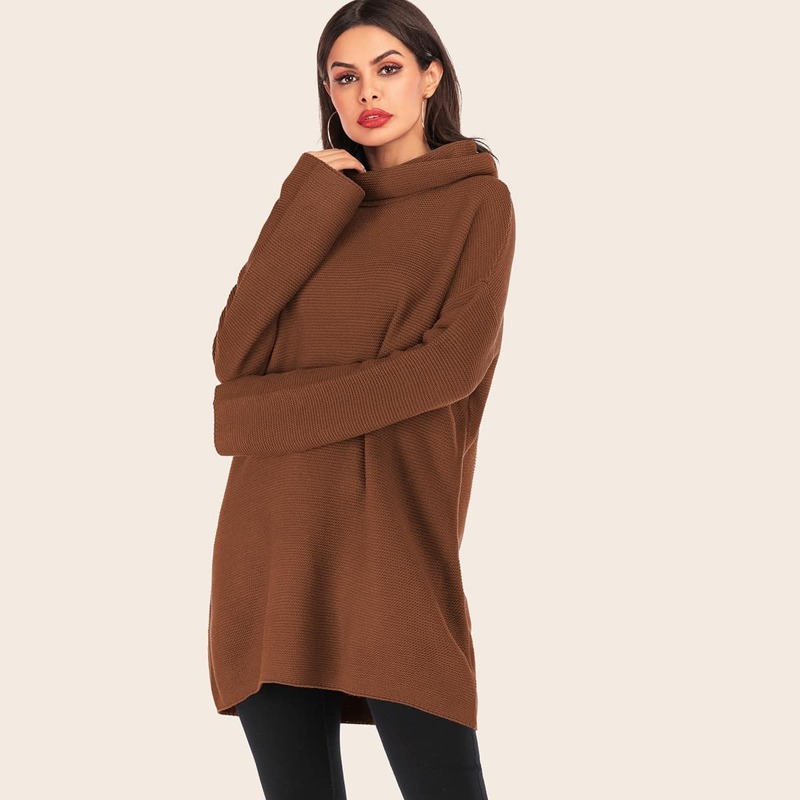 

Solid High Neck Drop Shoulder Sweater, Brown