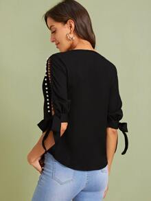 SHEIN Privé Pearls Split Knot Cuff Sleeve Top - Black - View 2