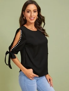 SHEIN Privé Pearls Split Knot Cuff Sleeve Top - Black - View 3