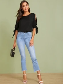 SHEIN Privé Pearls Split Knot Cuff Sleeve Top - Black - View 4