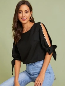 SHEIN Privé Pearls Split Knot Cuff Sleeve Top - Black - View 1